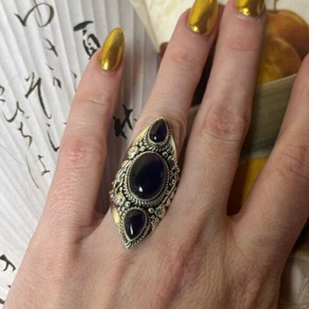 Artisan 925 Sterling Silver Purple Floral Amethyst Stone Full Finger Ring 6